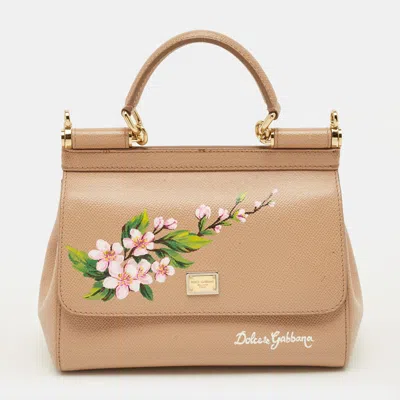 Pre-owned Dolce & Gabbana Floral Print Miss Sicily Beige Leather Top Handle Bag In Sand