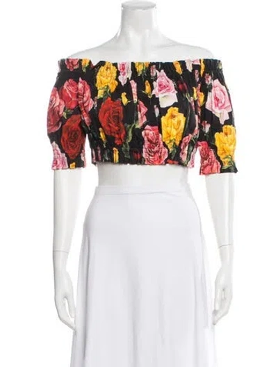 Pre-owned Dolce & Gabbana Floral Print Off-the-shoulder Crop Top In Black