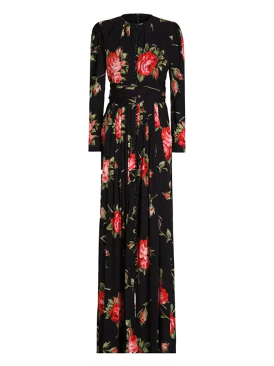 Dolce & Gabbana Floral-print Pleated Maxi Dress In Black