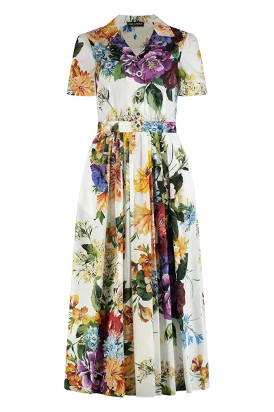 Dolce & Gabbana Floral Print Poplin Midi Dress In White