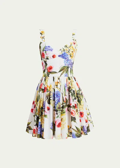 Dolce & Gabbana Floral Print Poplin Mini Dress With Corsetry Construction In Whtprtgard