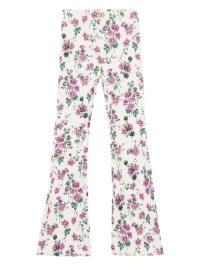 Dolce & Gabbana Kids' Floral-print Ribbed Trousers In White