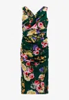 Dolce & Gabbana St. Giardino Floral-print Sleeveless Draped Charmeuse Midi Dress In Green