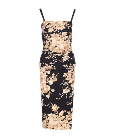 Dolce & Gabbana Floral-print Ruched Midi Dress In Brown