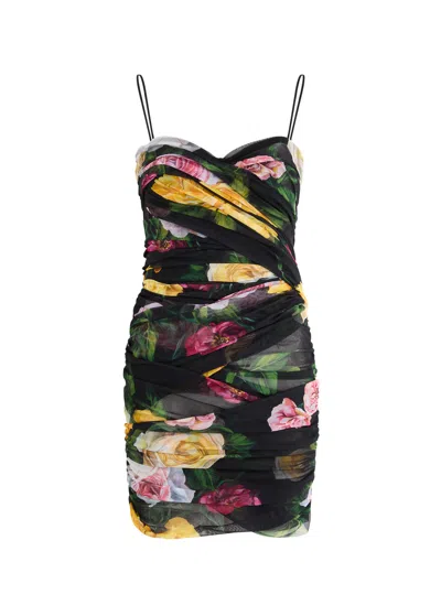 DOLCE & GABBANA DOLCE & GABBANA FLORAL-PRINT RUCHED TULLE AND MESH MINI DRESS