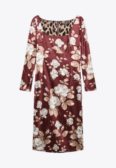 DOLCE & GABBANA FLORAL PRINT SATIN MIDI DRESS