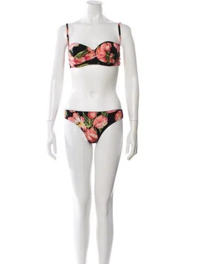 Pre-owned Dolce & Gabbana Floral Print Scalloped Accent Bikini In Black