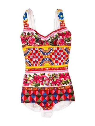 Pre-owned Dolce & Gabbana Floral Print Scoop Neck Sports Bra In Red