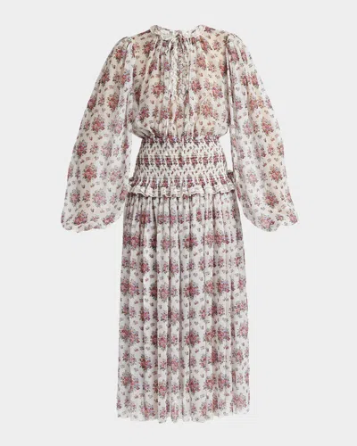 Dolce & Gabbana Floral-print Shirred Chiffon Long-sleeve Midi Dress In Multi