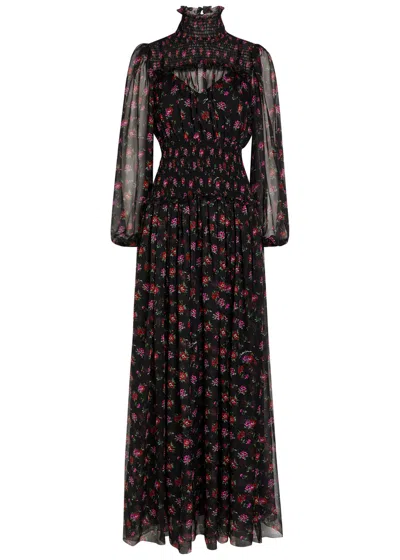 Dolce & Gabbana Floral-print Shirred Silk Maxi Dress In Black