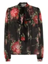 Dolce & Gabbana Rose Bouquet-print Silk Chiffon Neck-tie Blouse In Black