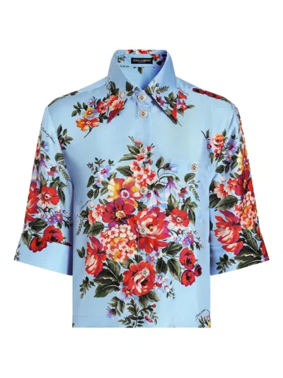 Dolce & Gabbana Silk Twill Shirt With Floral Print In Blue