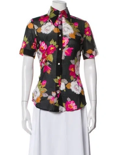 Pre-owned Dolce & Gabbana Floral Print Short Sleeve Blouse In Black