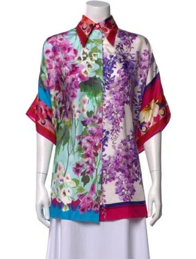 Pre-owned Dolce & Gabbana Floral Print Short Sleeve Blouse In Blue