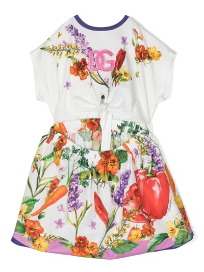 Dolce & Gabbana Kids' Floral-print Short-sleeve Dress In White