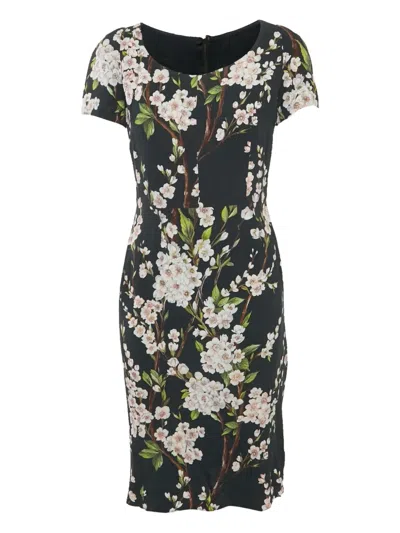 Pre-owned Dolce & Gabbana Floral-print Short-sleeve Midi Dress In Black