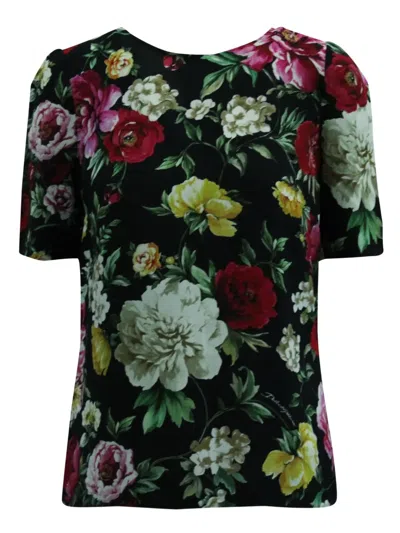 Pre-owned Dolce & Gabbana Floral-print Short-sleeved Blouse In Black