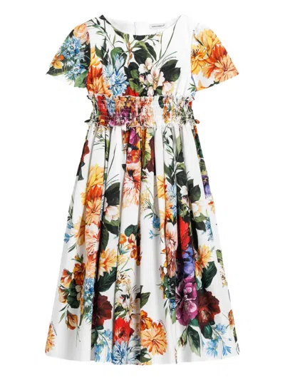 Dolce & Gabbana Kids' Floral-print Short-sleeved Dress In White