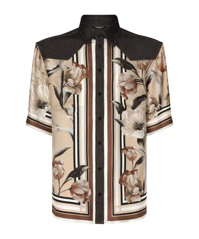 Dolce & Gabbana Floral Print Silk And Denim Shirt In Brown