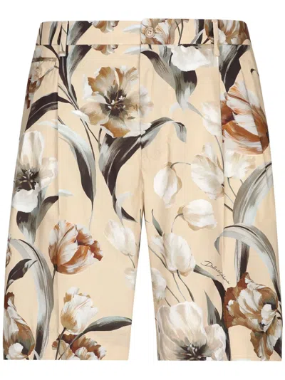 Dolce & Gabbana Floral-print Silk Bermuda Shorts In Neutrals