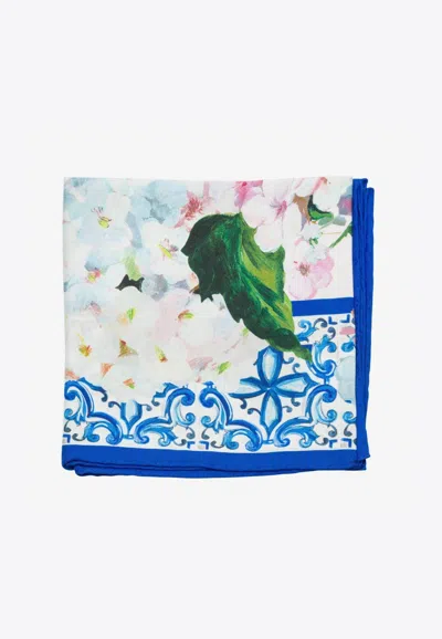 Dolce & Gabbana Floral Print Silk Foulard In Blue