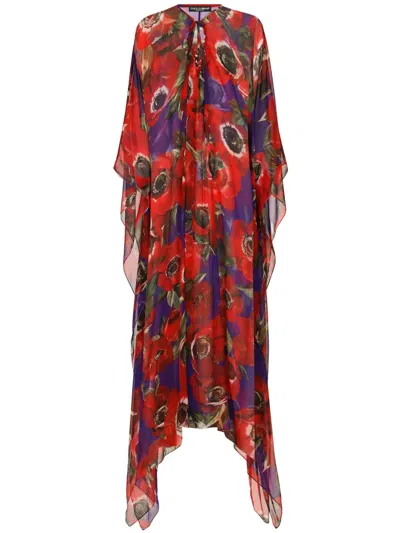 Dolce & Gabbana Floral-print Silk Kaftan In Red