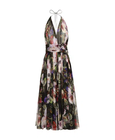 Dolce & Gabbana Gathered Floral-print Silk-chiffon Halterneck Midi Dress In Stampa