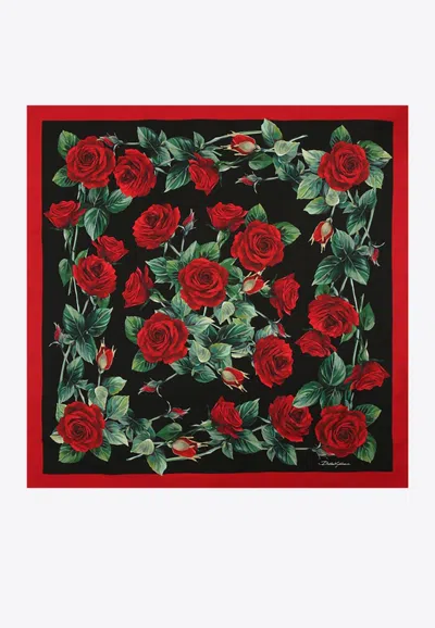 Dolce & Gabbana Floral Print Silk Scarf In Black