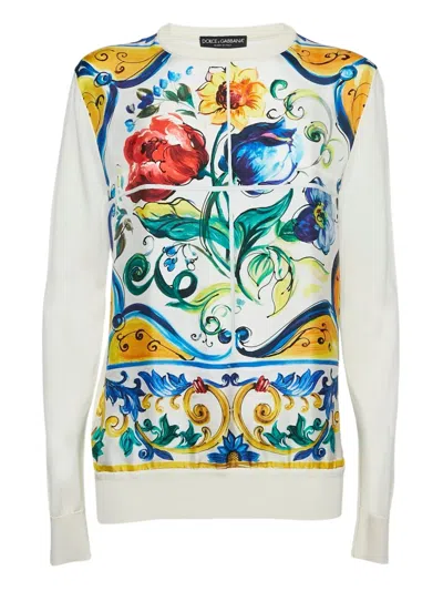 Pre-owned Dolce & Gabbana Floral-print Silk T-shirt In White