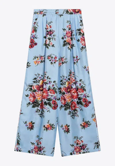 Dolce & Gabbana Floral Print Silk Twill Pants In Blue