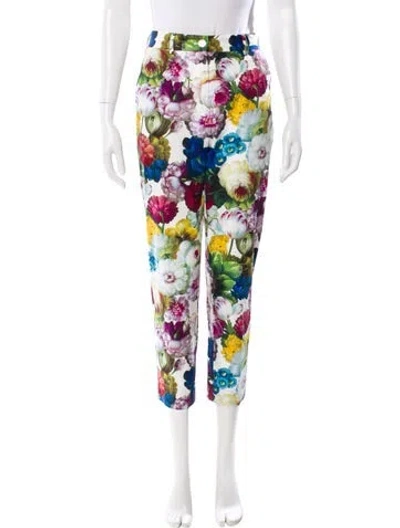 Pre-owned Dolce & Gabbana Floral Print Skinny Leg Pants In White