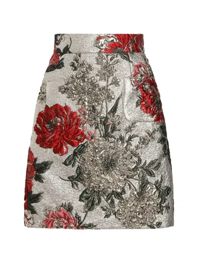 Dolce & Gabbana Floral Jacquard Mini Skirt High Waist In Gray