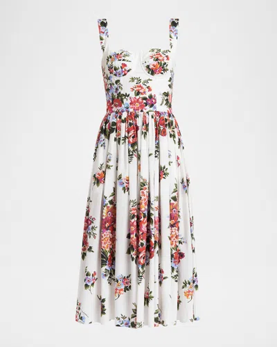 Dolce & Gabbana Floral-print Sleeveless Bustier Midi Dress In White