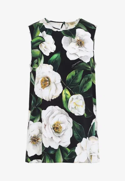 Dolce & Gabbana Gardenia Print Stretch Silk Charmeuse Sleeveless Top In Black
