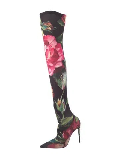 Pre-owned Dolce & Gabbana Floral Print Sock Boots In Black