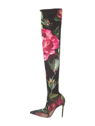 Pre-owned Dolce & Gabbana Floral Print Sock Boots In Black