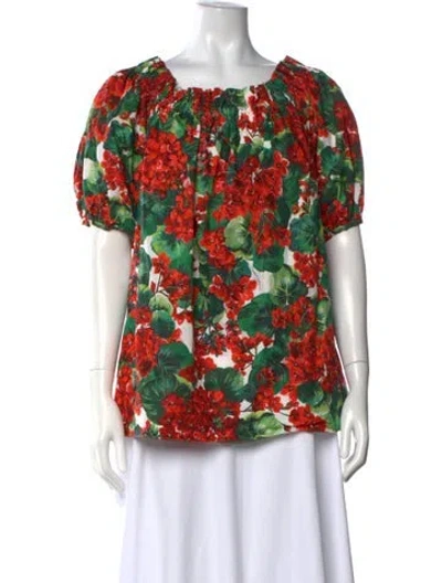 Pre-owned Dolce & Gabbana Floral Print Square Neckline Blouse In White