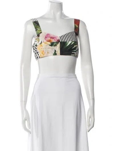 Pre-owned Dolce & Gabbana Floral Print Square Neckline Crop Top In White