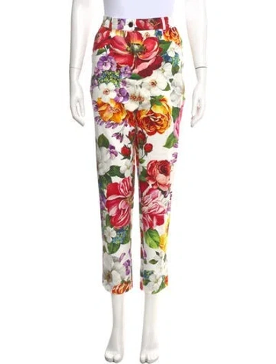 Pre-owned Dolce & Gabbana Floral Print Straight Leg Pants In White
