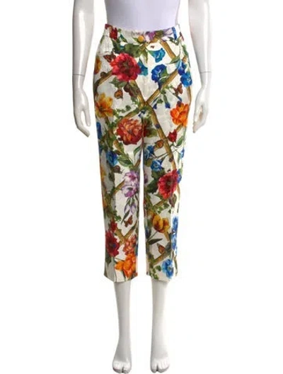 Pre-owned Dolce & Gabbana Floral Print Straight Leg Pants In White