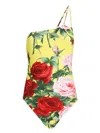 Dolce & Gabbana One-shoulder One-piece Swimsuit With Floral Bouquet Print In Yellow