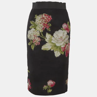 Pre-owned Dolce & Gabbana Floral Print Textured Wool Pencil Skirt S In Black