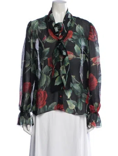 Pre-owned Dolce & Gabbana Floral Print Tie Neck Blouse In Multicolor