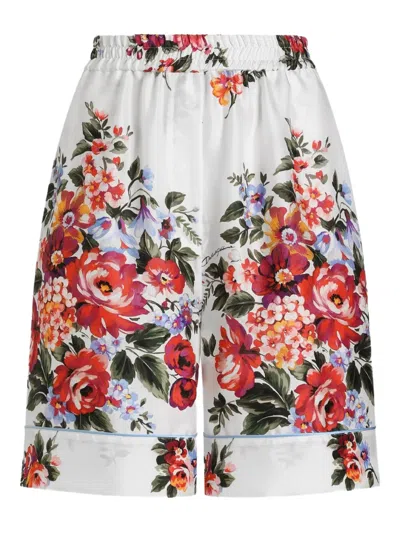 Dolce & Gabbana Floral Silk Twill Bermuda Shorts In White
