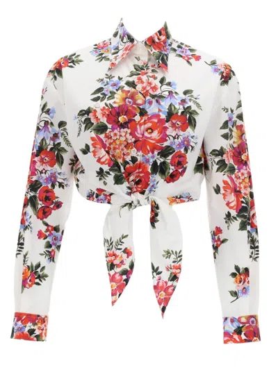 Dolce & Gabbana Floral Print Tie-front Cropped Blouse In White