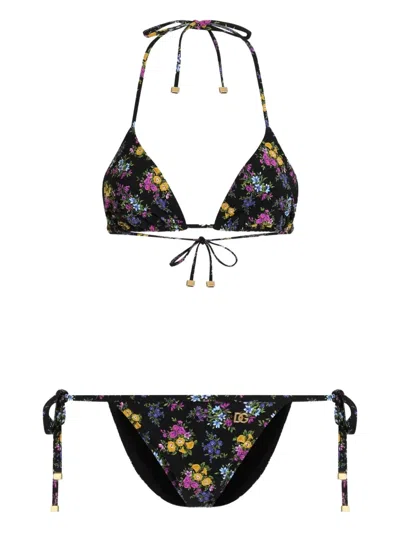Dolce & Gabbana Floral-print Triangle Bikini Set In Black