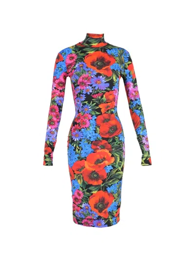 Pre-owned Dolce & Gabbana Floral-print Turtleneck Dress In Black