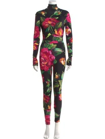 Pre-owned Dolce & Gabbana Floral Print Turtleneck Jumpsuit In Black