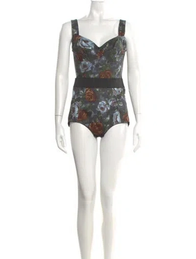 Pre-owned Dolce & Gabbana Floral Print V-neck Bodysuit W/ Tags In Gray