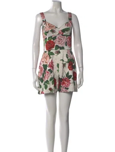 Pre-owned Dolce & Gabbana Floral Print V-neck Romper In White